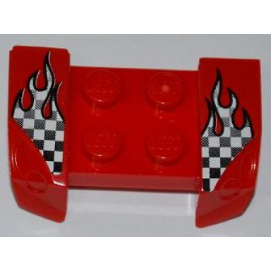 red vehicle mudguard 2 x 4 with headlights overhang with checkered flames pattern on both sides stickers - set 8198