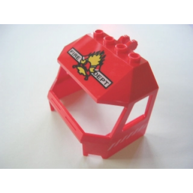 red windscreen 4 x 6 x 4 cab with hinge and 1 x 4 bottom cutout with fire dept fire 2 axes and red helmet pattern