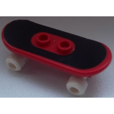 red minifigure utensil skateboard with mag wheel holders and white mag wheels with black surface pattern sticker - set 3535
