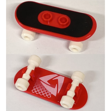 red minifigure utensil skateboard with mag wheel holders and white mag wheels with black surface and white triangular logo pattern stickers - set 3535