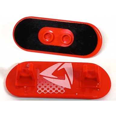 red minifigure utensil skateboard with mag wheel holders with black surface and white triangular logo pattern stickers - set 3535