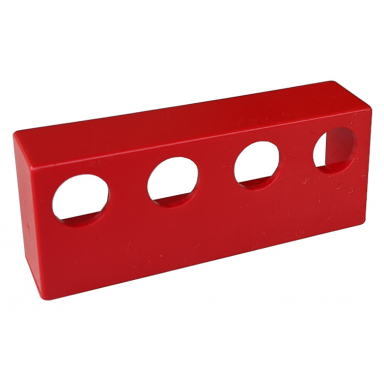 red duplo railing with circle openings