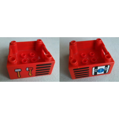 red duplo container box 4 x 4 with studs on corners with rescue staff of asclepius and hammer and axe pattern