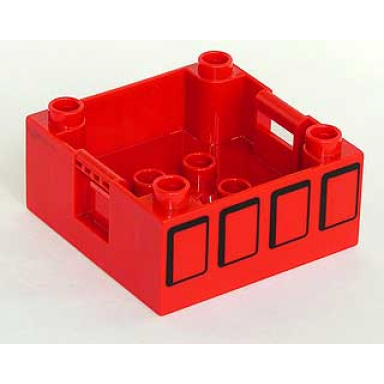 red duplo container box 4 x 4 with studs on corners with four squares pattern on both sides