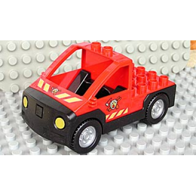 red duplo truck pickup flatbed with black base with fire department logo pattern