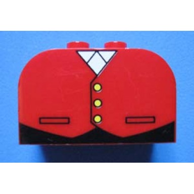 red slope curved 4 x 2 x 2 double with 4 studs with vest with pockets and yellow buttons over white shirt pattern