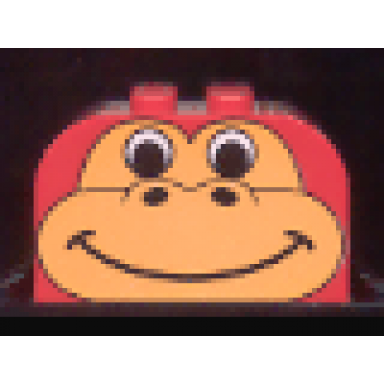 red slope curved 4 x 2 x 2 double with 4 studs with animal dinosaur gorilla face pattern