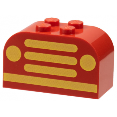 red slope curved 4 x 2 x 2 double with 4 studs with yellow car grille and headlights pattern