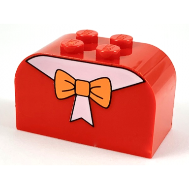 red slope curved 4 x 2 x 2 double with 4 studs with orange bow pattern