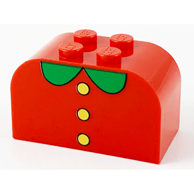 red slope curved 4 x 2 x 2 double with 4 studs with 3 yellow buttons green collar pattern