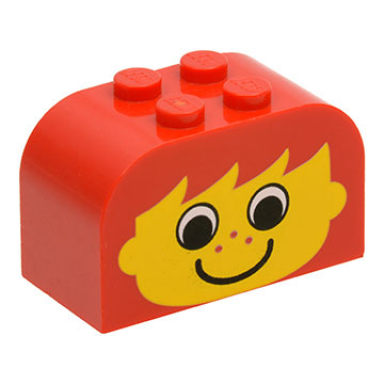 red slope curved 4 x 2 x 2 double with 4 studs with yellow face with eyes freckles and smile pattern