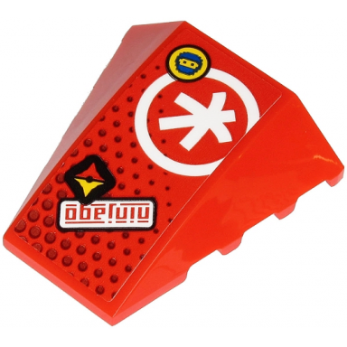 red wedge 4 x 4 triple curved no studs with red ninjago white ninjago k symbol in circle and face on yellow circle pattern sticker - set 71707