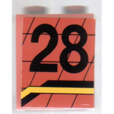 red panel 1 x 2 x 2 - solid studs with black number 28 and angled black and yellow lines pattern model left side sticker - set 8808