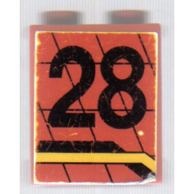 red panel 1 x 2 x 2 - solid studs with black number 28 and angled black and yellow lines pattern model right side sticker - set 8808