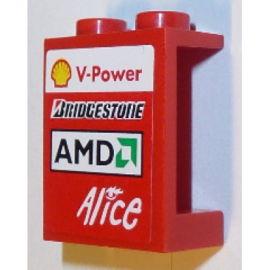 red panel 1 x 2 x 2 - hollow studs with shell v-power bridgestone amd and alice logos pattern model left side sticker - sets 8168 8185
