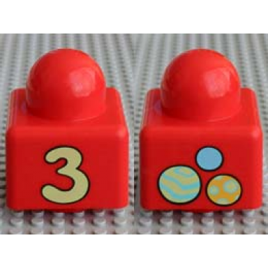 red primo brick 1 x 1 with number 3 and balls pattern on opposite sides