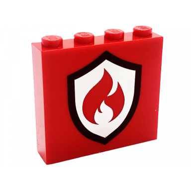 red brick 1 x 4 x 3 with black and silver fire logo badge pattern