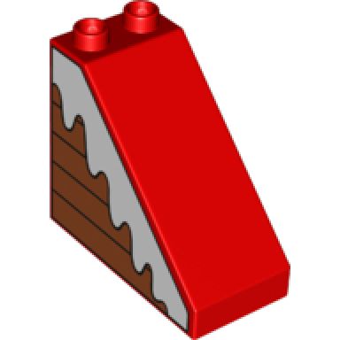 red duplo brick 4 x 2 x 3 slope with snow on boards pattern model left side