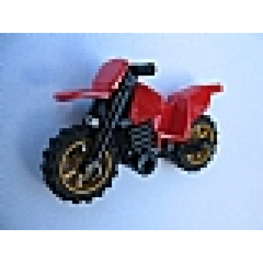 red motorcycle dirt bike with black chassis long fairing mounts and pearl gold wheels