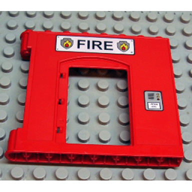 red duplo wall 1 x 8 x 6 hinge on left with door opening and fire logo pattern