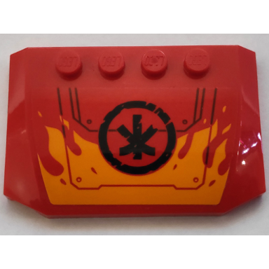 red wedge 4 x 6 x 2 3 triple curved with bright light orange flames hull plates with rivets and black ninjago logogram letter k in circle pattern sticker - set 70675