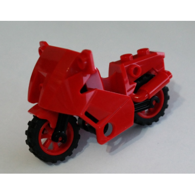 red motorcycle city with black chassis long fairing mounts and red wheels