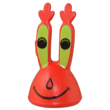 red minifigure head modified mr krabs with lime eyes and black smile pattern