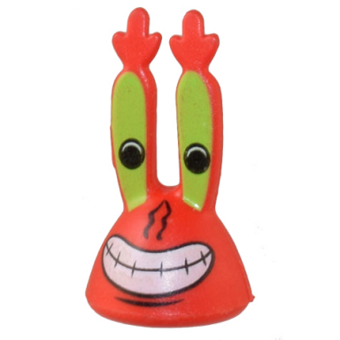 red minifigure head modified mr krabs with lime eyes and large smile with white teeth pattern