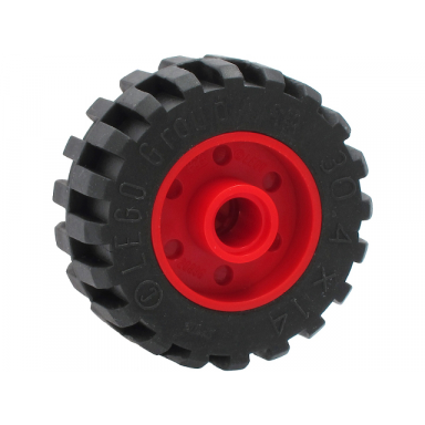 red wheel 18mm d x 14mm with pin hole fake bolts and shallow spokes with black tire 30.4 x 14 offset tread - band around center of tread 55981 92402