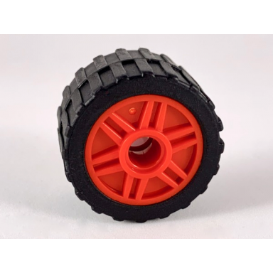red wheel 18mm d x 14mm with pin hole fake bolts and shallow spokes with black tire 24 x 14 shallow tread band around center of tread 55981 89201
