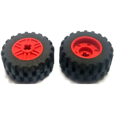 red wheel 18mm d x 14mm with axle hole fake bolts and shallow spokes with black tire 30.4 x 14 offset tread 55982 30391