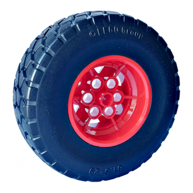 red wheel 43.2mm d x 26mm technic racing small 6 pin holes with black tire 81.5 x 29 56908 2491