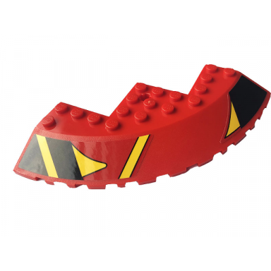red brick round corner 10 x 10 with slope 33 edge axle hole facet cutout with black and yellow stripes pattern model right side sticker - set 76084