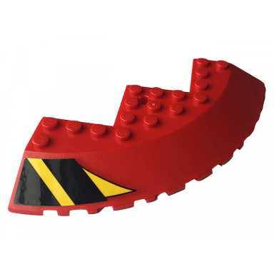 red brick round corner 10 x 10 with slope 33 edge axle hole facet cutout with black and yellow stripes pattern model left side sticker - set 76084