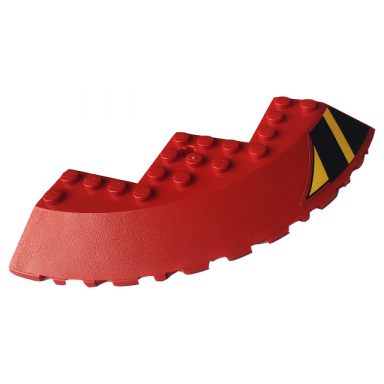 red brick round corner 10 x 10 with slope 33 edge axle hole facet cutout with black and yellow stripes pattern model right side sticker - set 76084