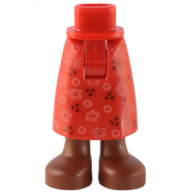 red mini doll hips and skirt long with molded reddish brown legs boots and printed bright pink flowers and dark brown dots pattern - thick hinge