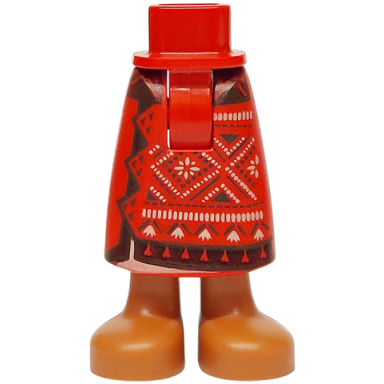 red mini doll hips and skirt long with molded sienna legs and feet and printed dark red dark brown and tan geometric design and tassels pattern - thick hinge