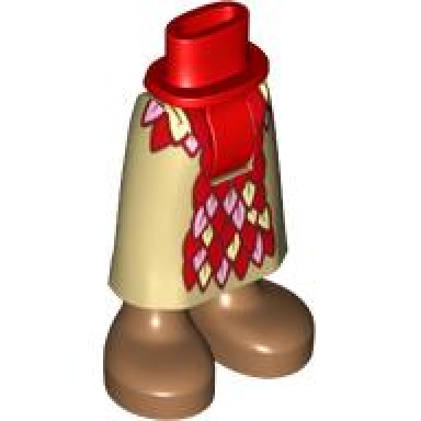red mini doll hips and tan skirt long with with molded medium nougat legs and printed red bright pink and yellowish green feathers pattern - thick hinge