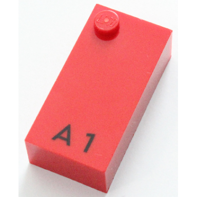 red brick braille 2 x 4 with 1 stud with black capital letter a number 1 pattern dots-1 â 