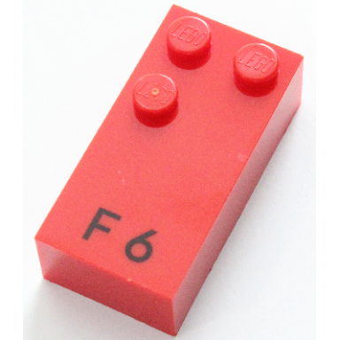 red brick braille 2 x 4 with 3 studs with black capital letter f number 6 pattern dots-124 â 