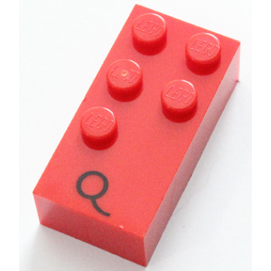 red brick braille 2 x 4 with 5 studs with black capital letter q pattern dots-12345 â 