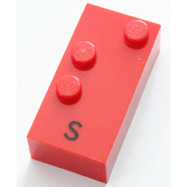 red brick braille 2 x 4 with 3 studs with black capital letter s pattern dots-234 â 