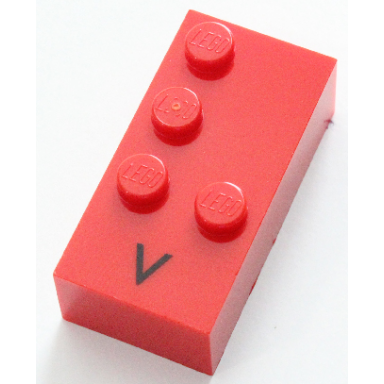 red brick braille 2 x 4 with 4 studs with black capital letter v pattern dots-1236 â §