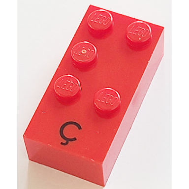 red brick braille 2 x 4 with 5 studs with black capital letter c with cedilla ã pattern dots-12346 â ¯ french with antoine numbers