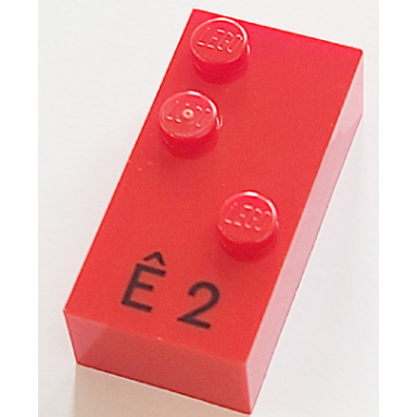 red brick braille 2 x 4 with 3 studs with black capital letter e with circumflex ã number 2 pattern dots-126 â £ french with antoine numbers