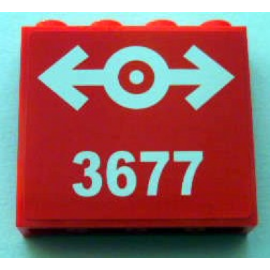 red panel 1 x 4 x 3 with side supports - hollow studs with train logo white and 3677 pattern sticker - set 3677