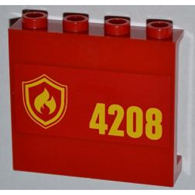 red panel 1 x 4 x 3 with side supports - hollow studs with yellow and red fire logo badge and 4208 on right pattern sticker - set 4208