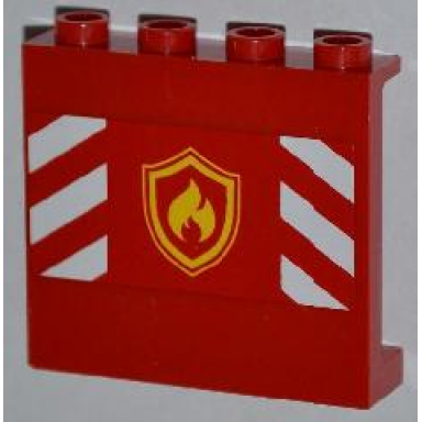 red panel 1 x 4 x 3 with side supports - hollow studs with yellow and red fire logo badge and red and white danger stripes pattern sticker - set 4208