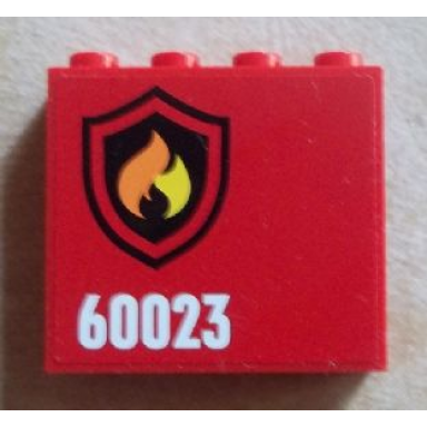 red panel 1 x 4 x 3 with side supports - hollow studs with black and yellow fire logo badge and 60023 pattern model left sticker - set 60023