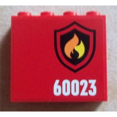red panel 1 x 4 x 3 with side supports - hollow studs with black and yellow fire logo badge and 60023 pattern model right sticker - set 60023